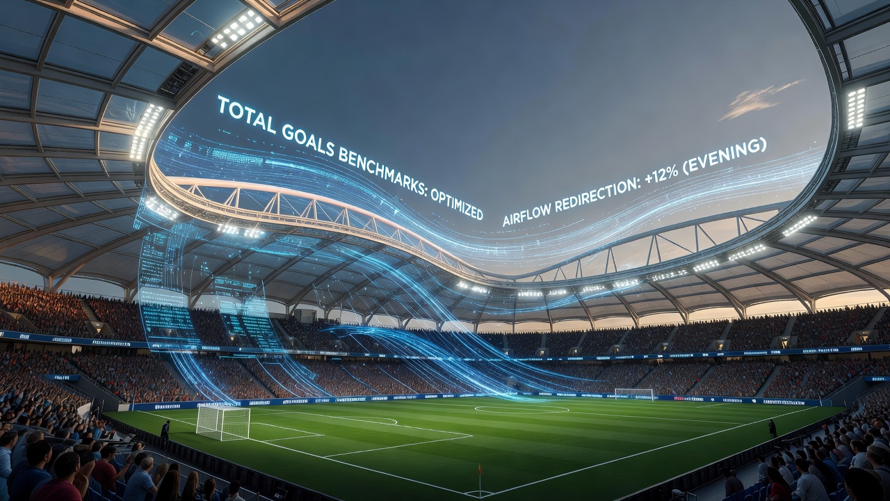 Vergleich von Luftströmungen in offenen und überdachten Stadien während eines Abendspiels