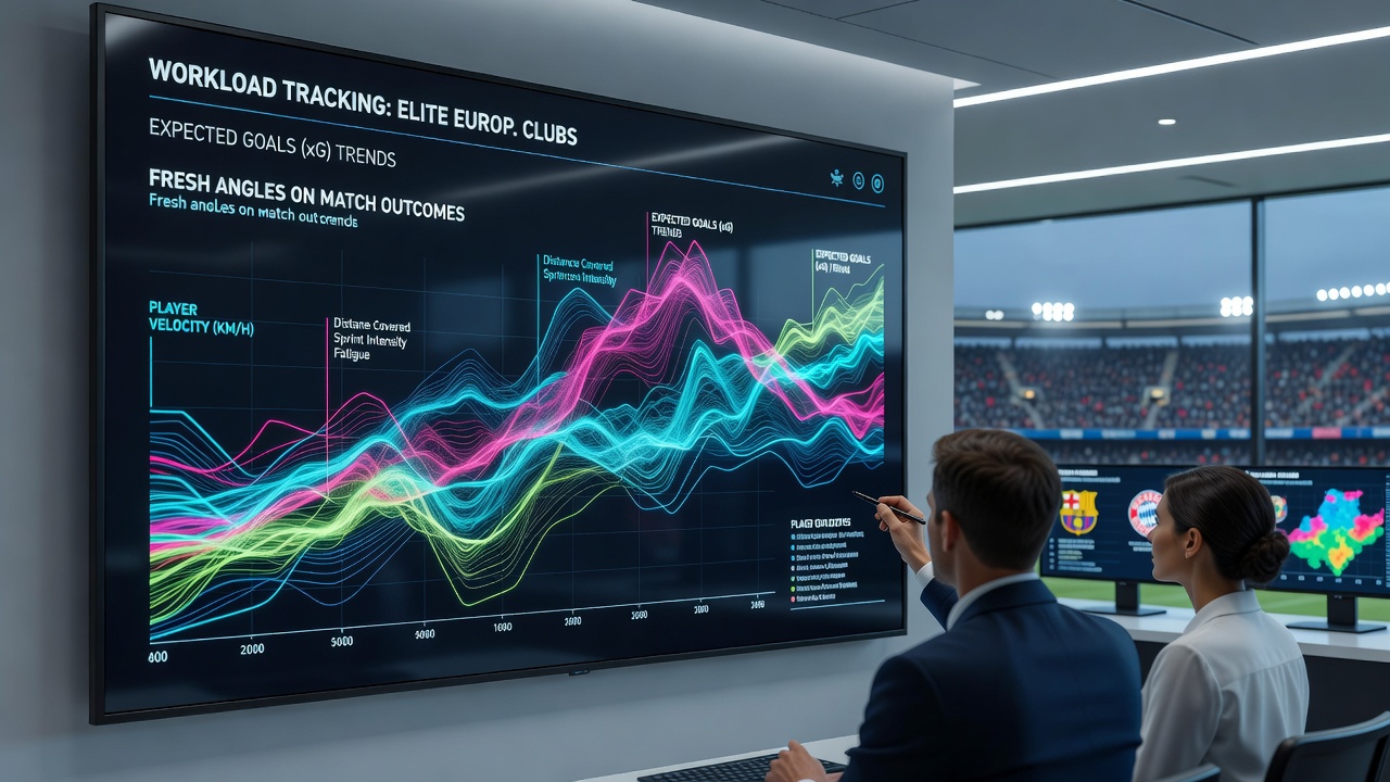 Elite club analysts reviewing workload metrics and match outcome data during packed European fixtures